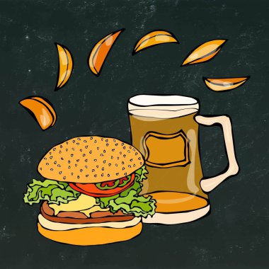 Büyük Hamburger ya da çizburger, bira bardağı ya da bira ve kızarmış patates. Burger yazı. Bir siyah kara tahta arka plan üzerinde izole. Gerçekçi Doodle karikatür tarzı elle çizilmiş kroki vektör çizim.