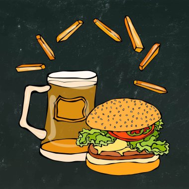 Büyük Hamburger ya da çizburger, bira bardağı ya da bira ve kızarmış patates. Burger Logo. Bir siyah kara tahta Background.Realistic Doodle karikatür tarzı elle çizilmiş kroki vektör çizim üzerinde izole.