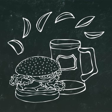 Büyük Hamburger ya da çizburger, bira bardağı ya da bira ve kızarmış patates. Burger yazı. Bir siyah kara tahta arka plan üzerinde izole. Gerçekçi Doodle karikatür tarzı elle çizilmiş kroki vektör çizim.