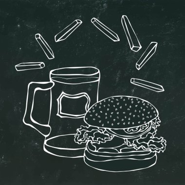 Büyük Hamburger ya da çizburger, bira bardağı ya da bira ve kızarmış patates. Burger Logo. Bir siyah kara tahta Background.Realistic Doodle karikatür tarzı elle çizilmiş kroki vektör çizim üzerinde izole.