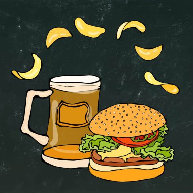 Büyük Hamburger ya da çizburger, bira bardağı ya da bira bardağı ve patates cipsi. Burger Logo. Beyaz bir arka plan üzerinde izole. Gerçekçi Doodle karikatür tarzı elle çizilmiş kroki vektör çizim.