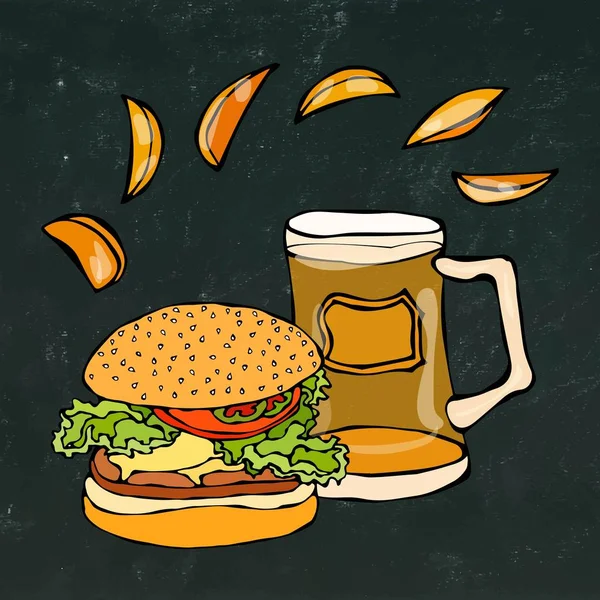 Büyük Hamburger ya da çizburger, bira bardağı ya da bira ve kızarmış patates. Burger yazı. Bir siyah kara tahta arka plan üzerinde izole. Gerçekçi Doodle karikatür tarzı elle çizilmiş kroki vektör çizim.