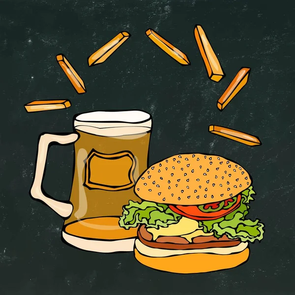 Hamburguesa grande o hamburguesa con queso, taza de cerveza o cerveza y papas fritas. Logo de hamburguesa. Aislado en un fondo de pizarra negra.Realista Doodle estilo de dibujos animados dibujado a mano Dibujo Vector Ilustración . — Archivo Imágenes Vectoriales