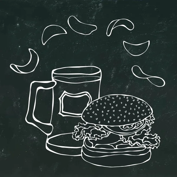 Большой гамбургер или чизбургер, кружка пива или пинта и картофельные чипсы. Логотип Бургера. Изолированный на белом фоне. Рисунок в стиле мультфильма "Рисунок" . — стоковый вектор