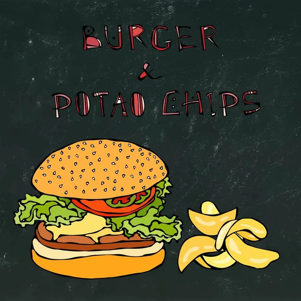 Büyük Hamburger ya da çizburger, bira bardağı ya da bira bardağı ve patates cipsi. Burger Logo. Bir siyah kara tahta arka plan üzerinde izole. Gerçekçi Doodle karikatür tarzı elle çizilmiş kroki vektör çizim.
