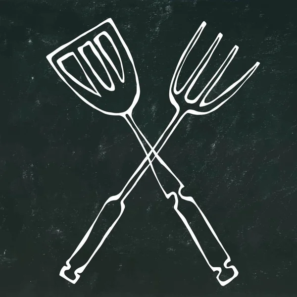 Barbekü veya ızgara araçlar simgesi. Barbekü çatalı Spatula ile geçti. Bir siyah kara tahta arka plan üzerinde izole. Gerçekçi Doodle karikatür tarzı elle çizilmiş kroki vektör çizim.