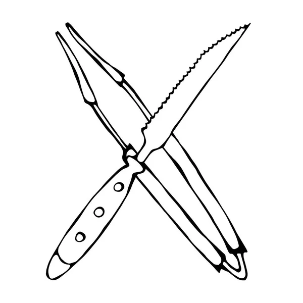 Μπάρμπεκιου Γκριλ εργαλεία διέσχισε μαχαίρι και λαβίδες. Απομονωθεί σε λευκό φόντο. Εικονογράφηση φορέα σκίτσο χέρι που στυλ καρτούν ρεαλιστική Doodle. — Διανυσματικό Αρχείο