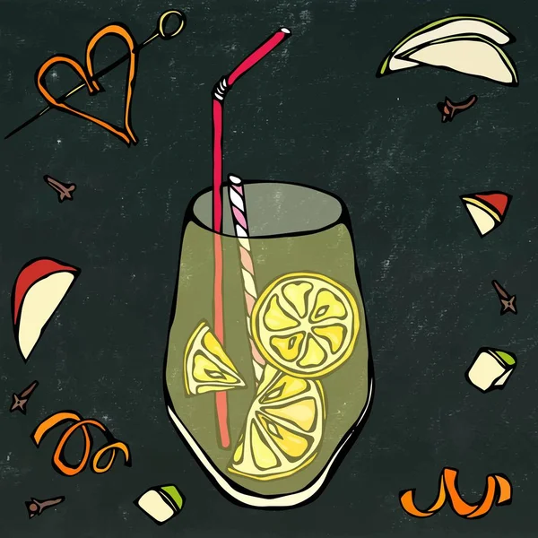 Copa de limonada con rodaja de limón y tubo de cóctel. Realista Doodle Cartoon Style Dibujado a mano Dibujo Vector Illustration.Isolated sobre un fondo blanco . — Vector de stock