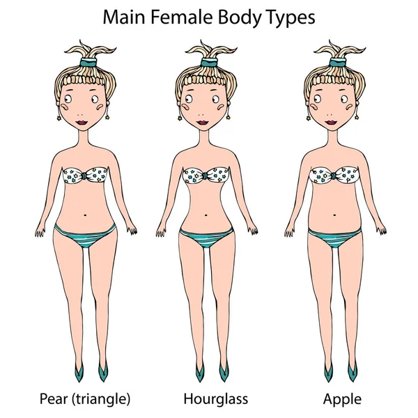 Principalele tipuri de formă a corpului feminin. Hourglass, Pear sau Triangle și Apple. Realist Hand Drawn Doodle Stil schiță. Ilustrație vectorială izolată pe un fundal alb . — Vector de stoc