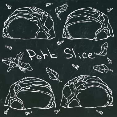 Satır domuz biftek dilimlerini ve otlar. Vektör illüstrasyon izole bir siyah kara tahta arka plan üzerinde. Gerçekçi elle çizilmiş Doodle stil kroki. Taze et kesim.