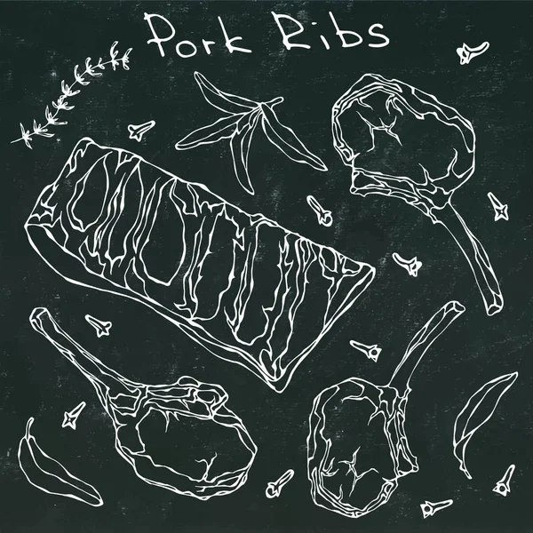 Row Pork Ribs and Herbs. Realistic Hand Drawn Doodle Style Sketch.Vector Illustration Isolated on a Black Chalkboard Background. Fresh Meat Cuts. — Stock Vector