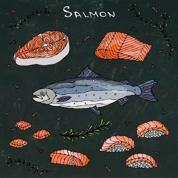 Biefstuk, Filet, segmenten en Sushi van rode vis zalm voor Seafood Menu. Realistische Hand getrokken Doodle stijl Sketch.Vector Illustratie geïsoleerd op een zwarte schoolbord achtergrond. — Stockvector