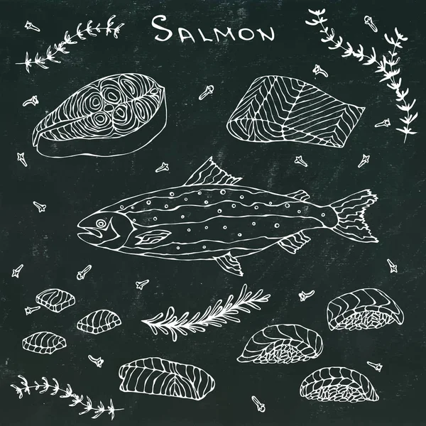 Filete, Filete, Rebanadas y Sushi de Salmón de Pescado Rojo para Menú de Marisco. Realista dibujado a mano Doodle estilo Sketch.Vector Ilustración aislado sobre un fondo de pizarra negro . — Archivo Imágenes Vectoriales