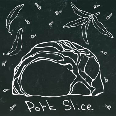 Satır domuz biftek dilimlerini ve otlar. Vektör illüstrasyon izole bir siyah kara tahta arka plan üzerinde. Gerçekçi elle çizilmiş Doodle stil kroki. Taze et kesim.