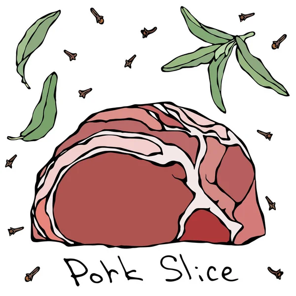 Filete de cerdo rebanadas y hierbas. Ilustración vectorial realista Dibujado a mano aislado Doodle o dibujo animado estilo boceto. Cortes de carne fresca . — Vector de stock