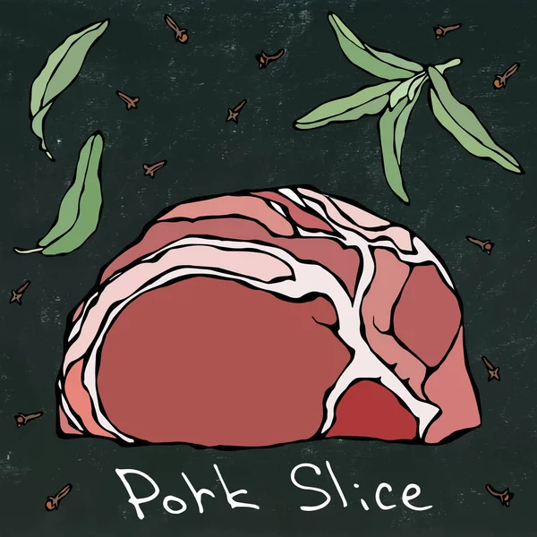 Fila de carne de porco fatias e ervas. Ilustração vetorial isolado em um fundo de quadro preto. Mão realista desenhado Doodle Estilo Esboço. Cortes de carne fresca . — Vetor de Stock