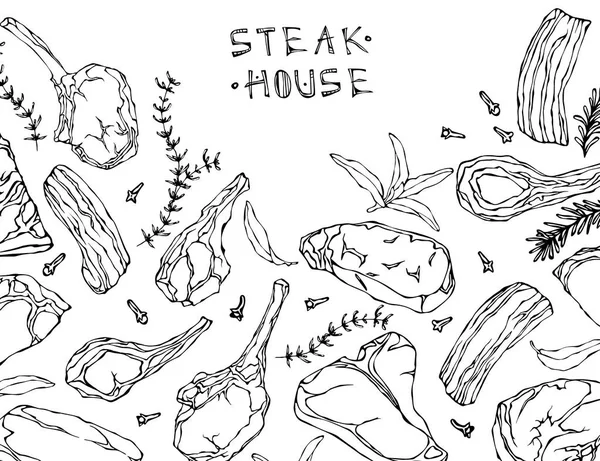 Telaio con prodotti a base di carne. Menu Ristorante o Macelleria Template. Bistecca di manzo, agnello, costoletta di maiale. Illustrazione vettoriale isolata su sfondo bianco. Disegno realistico disegnato a mano Doodle Style Sketch . — Vettoriale Stock