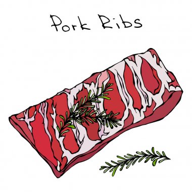 Satır Domuz kaburga ve otlar. Gerçekçi vektör illüstrasyon izole karikatür tarzı kroki veya elle çizilmiş Doodle. Taze et kesim.