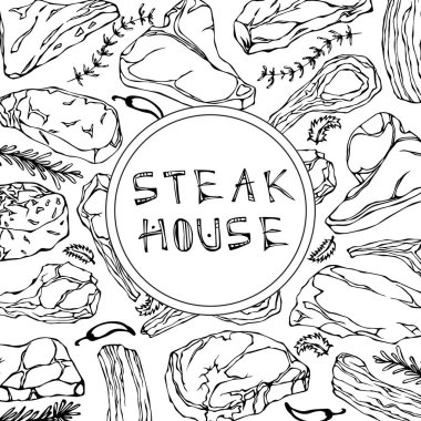 Et ürünleri ve otlar ile biftek salonu kartı. Restoran Menü veya kasap Market şablonu. Dana biftek, kuzu eti, Domuz kaburga. Beyaz bir arka plan üzerinde izole vektör çizim. Gerçekçi el çizilmiş kroki