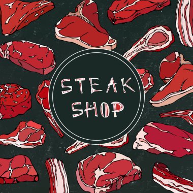 Biftek salonu kartıyla et Products.Restaurant menü veya kasap Market şablonu. Dana biftek, kuzu eti, Domuz kaburga. Gerçekçi elle çizilmiş Sketch.Vector illüstrasyon izole bir siyah kara tahta arka plan üzerinde.