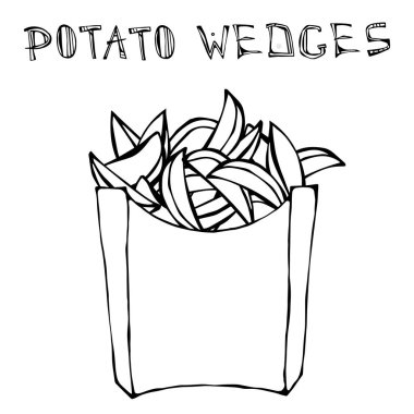 Patates kağıt kutusunda dilimleri. Kızarmış patates Fast Food bir paket. Gerçekçi elle çizilmiş Doodle tarzı Sketch.Vector illüstrasyon izole bir siyah kara tahta arka plan üzerinde.