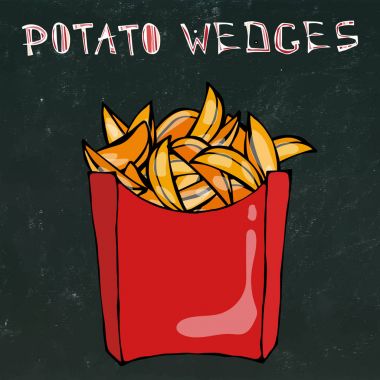 Patates kağıt kutusunda dilimleri. Kızarmış patates Fast Food kırmızı bir paket. Gerçekçi elle çizilmiş Doodle tarzı Sketch.Vector illüstrasyon izole bir siyah kara tahta arka plan üzerinde.