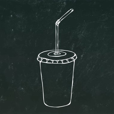 Kağıt bardak kapak ve saman, cam içecek paket servisi olan restoran için ile. Gerçekçi elle çizilmiş Doodle tarzı Sketch.Vector illüstrasyon izole bir siyah kara tahta arka plan üzerinde.