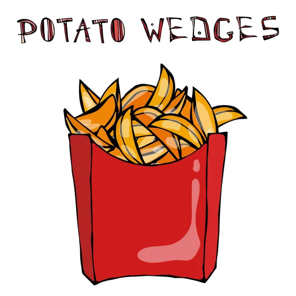 Patates kağıt kutusunda dilimleri. Kızarmış patates Fast Food kırmızı bir paket. Gerçekçi elle çizilmiş Doodle tarzı Sketch.Vector illüstrasyon izole bir siyah kara tahta arka plan üzerinde.