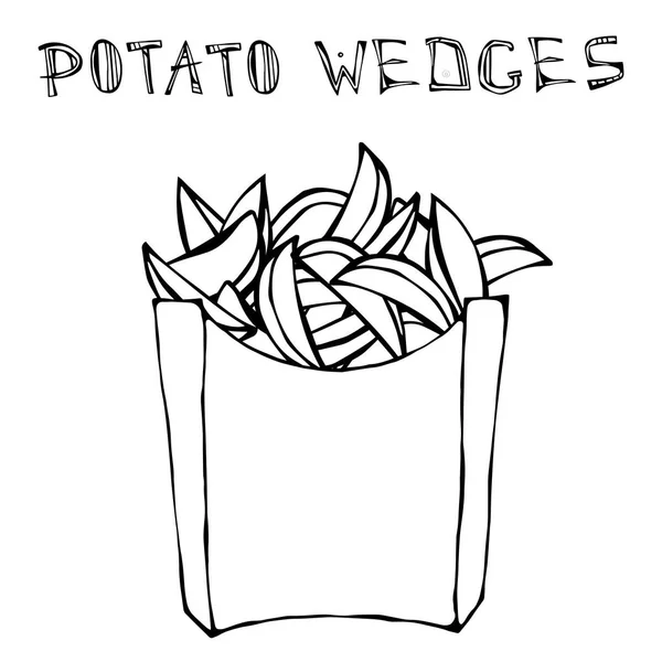 Compensées de pommes de terre en boîte de papier. Fast Food de pommes de terre frites dans un emballage. Illustration vectorielle isolée sur un fond de tableau noir Doodle Style Sketch.Vector . — Image vectorielle