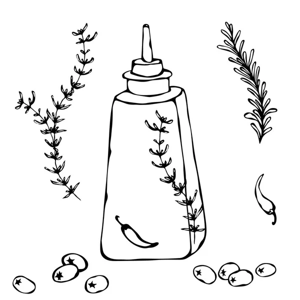 Бутылка оливкового масла с травами, тимьяном, розмарином, чили, перцем и металлическим диспенсером. Векторная изоляция на белом фоне. Реалистичный рисунок в стиле каракулей . — стоковый вектор
