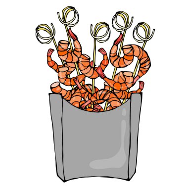 Ahşap sopa, karides kebap, deniz ürünleri Barbekü karides, kanepeler kağıt kutusunda. Deniz Fast Food paket içinde. Beyaz bir arka plan üzerinde izole vektör çizim. Gerçekçi elle çizilmiş Doodle stil kroki.