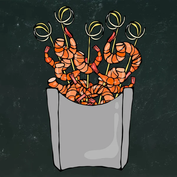 Ahşap sopa, karides kebap, deniz ürünleri Barbekü karides, kanepeler kağıt kutusunda. Deniz Fast Food paket içinde. Gerçekçi elle çizilmiş Doodle tarzı Sketch.Vector illüstrasyon izole bir siyah kara tahta arka plan üzerinde.