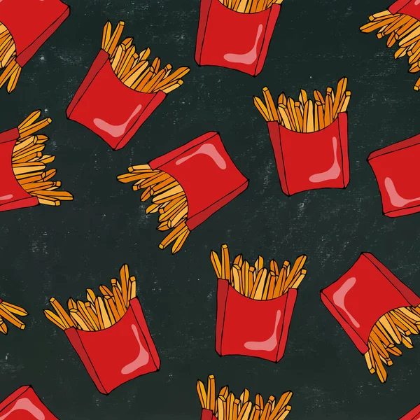 Croccanti patatine fritte modello senza soluzione di continuità con scatole di carta rossa di patate fritte. Disegnato a mano realistico Doodle Style Sketch.Vector Illustrazione isolato su uno sfondo lavagna nera . — Vettoriale Stock