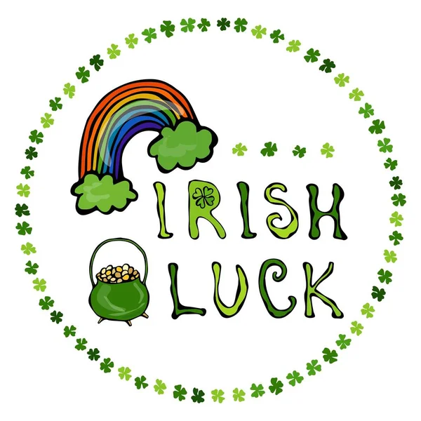 Удача ірландського логотип з веселки і горщик із золотом. У коло обрамляють конюшини. — стоковий вектор