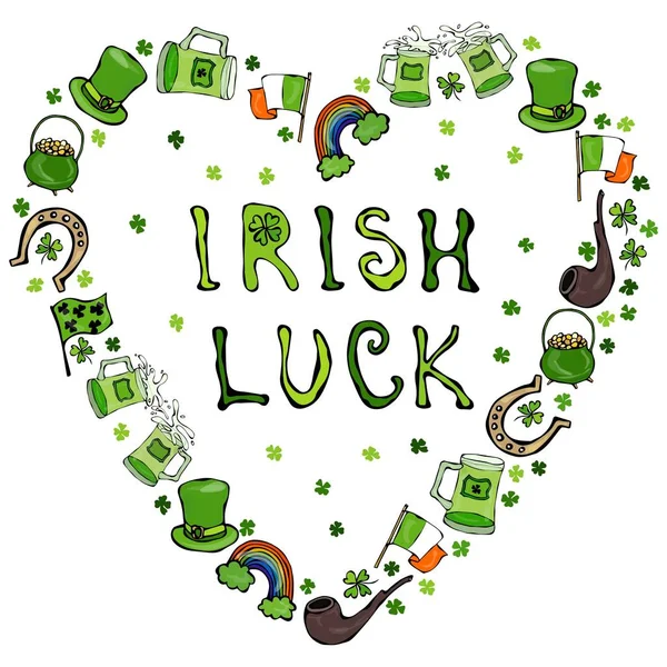 Συλλογή της ιρλανδικής σύμβολα. Ιρλανδική τύχη γράμματα. Καρδιά σχήμα φόντου. Leprechauns καπέλο, πέταλο, το δοχείο του χρυσού, σημαία, ποτήρια μπίρας, ουράνιο τόξο, τριφύλλι — Διανυσματικό Αρχείο