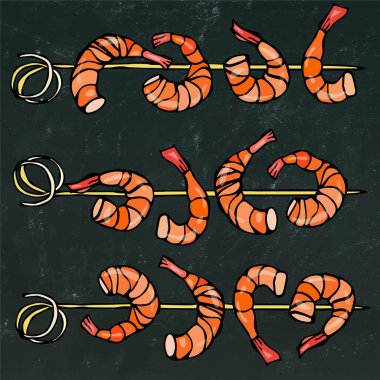 Karides ahşap sopa, karides kebap, deniz ürünleri Barbekü, kanepeler üzerinde. Bir kara tahta arka plan Doodle karikatür Vintage elle çizilmiş kroki üzerinde izole