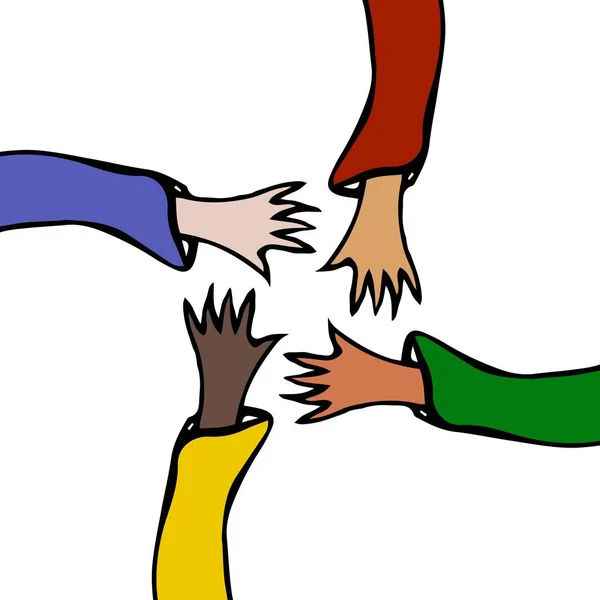 Les mains de bande dessinée s'étirent les unes vers les autres. Armoiries levées de différentes races United .Vector Illustraition — Image vectorielle