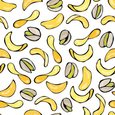 Kabuklu fıstık fındık ve patates cipsi ile sorunsuz. Bir beyaz arka plan Doodle karikatür elle çizilmiş kroki vektör çizim üzerinde izole. Aperatif desen.