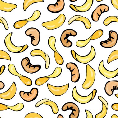 Kaju fıstığı ve patates cipsi ile sorunsuz. Bir beyaz arka plan Doodle karikatür elle çizilmiş kroki vektör çizim üzerinde izole. Gıda desen.