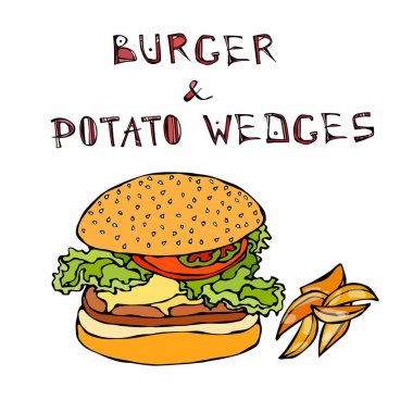 Büyük Hamburger veya patates dilimleri ile çizburger. Burger yazı. Beyaz bir arka plan üzerinde izole. Gerçekçi Doodle karikatür tarzı elle çizilmiş kroki vektör çizim.