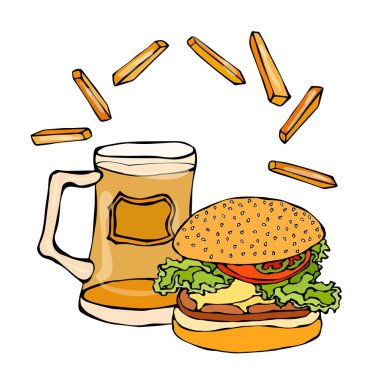 Büyük Hamburger ya da çizburger, bira bardağı ya da bira ve kızarmış patates. Burger Logo. Beyaz bir arka plan üzerinde izole. Gerçekçi Doodle karikatür tarzı elle çizilmiş kroki vektör çizim.