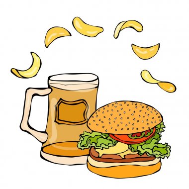Büyük Hamburger ya da çizburger, bira bardağı ya da bira bardağı ve patates cipsi. Burger Logo. Beyaz bir arka plan üzerinde izole. Gerçekçi Doodle karikatür tarzı elle çizilmiş kroki vektör çizim.