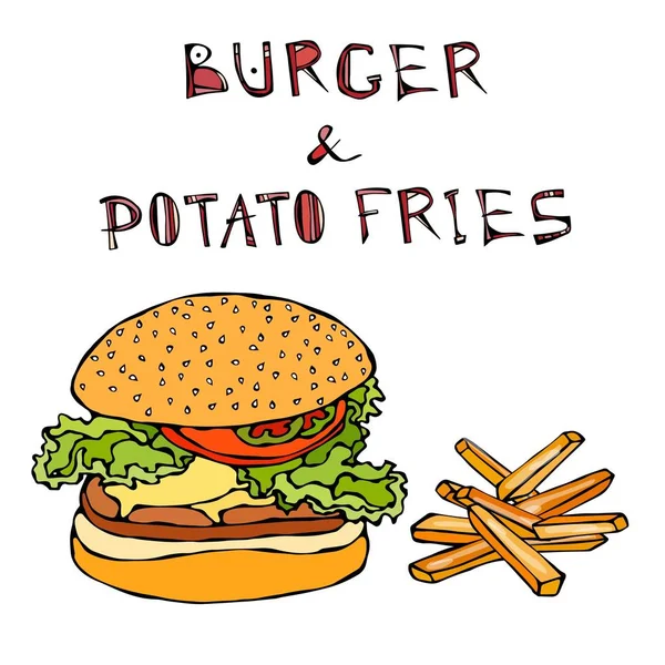 Big Hamburger or Cheeseburger with Fried Potato . Burger Lettering. Isolated On a White Background. Realistic Doodle Cartoon Style Hand Drawn Sketch Vector Illustration. — Stock Vector