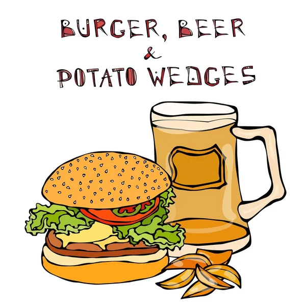 Stora hamburgare eller ostburgare, ölglas eller Pint och stekt potatis. Burger bokstäver. Isolerade på en vit bakgrund. Realistiska Doodle tecknad stil handritad skiss vektorillustration. — Stock vektor