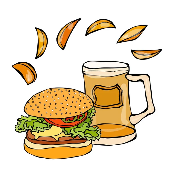 Hamburguesa grande o hamburguesa con queso, taza de cerveza o pinta y cuñas de patata. Logo de hamburguesa. Aislado sobre un fondo blanco. Realista Doodle Cartoon Style Dibujado a mano Dibujo Vector Ilustración . — Archivo Imágenes Vectoriales