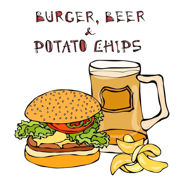 Büyük Hamburger ya da çizburger, bira bardağı ya da bira bardağı ve patates cipsi. Burger Logo. Beyaz bir arka plan üzerinde izole. Gerçekçi Doodle karikatür tarzı elle çizilmiş kroki vektör çizim.