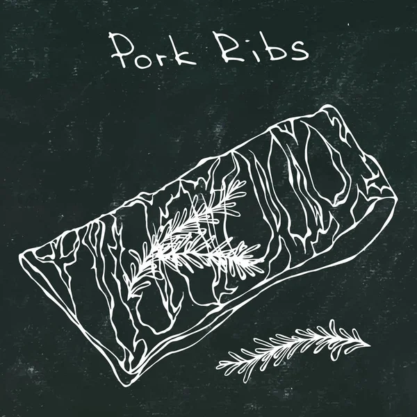 Satır Domuz kaburga ve otlar. Gerçekçi elle çizilmiş Doodle tarzı Sketch.Vector illüstrasyon izole bir siyah kara tahta arka plan üzerinde. Taze et kesim.