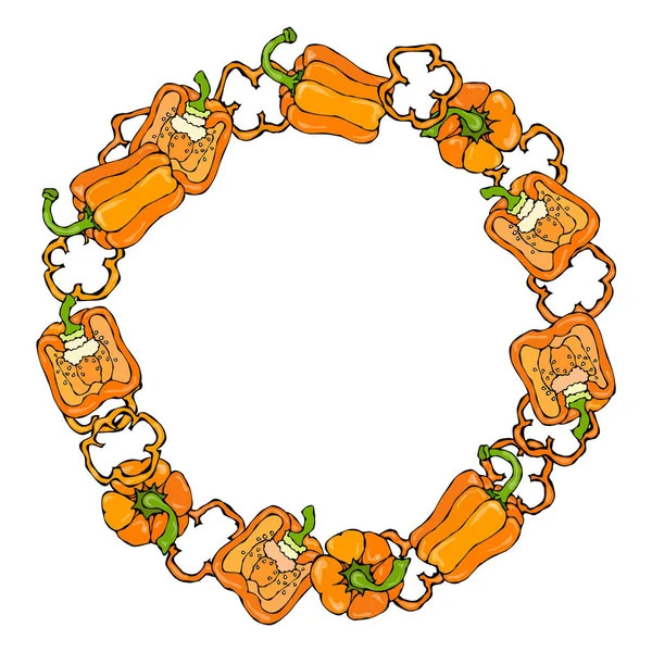 Orange Bell Peper Set. Mitad de pimentón dulce y Anillos de cortes de pimienta. Verduras crudas maduras frescas. Cocina Vegana Saludable. Dibujo de mano de ilustración vectorial. Estilo Doodle Savoyar . — Archivo Imágenes Vectoriales