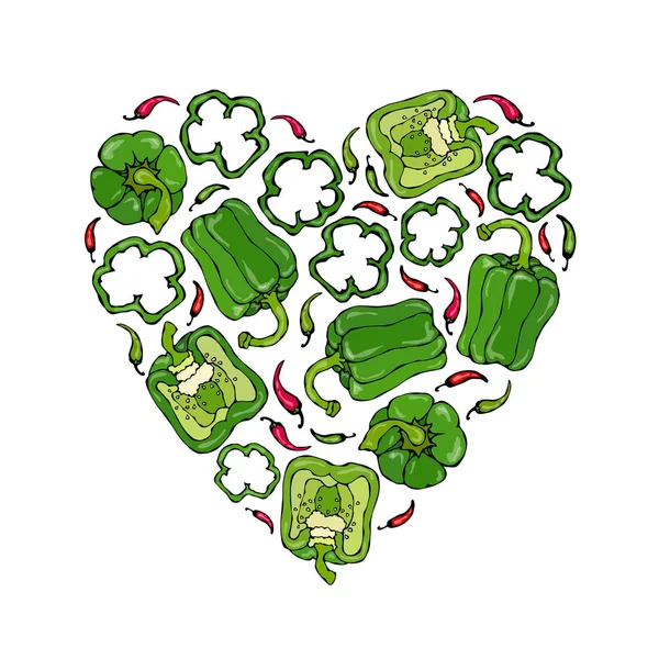 Corona con forma de corazón de pimero verde. Mitad de pimentón dulce y Anillos de cortes de pimienta. Guirnalda de verduras frescas maduras crudas. Cocina Vegana Saludable. Dibujo de mano de ilustración vectorial. Estilo Doodle Savoyar . — Archivo Imágenes Vectoriales