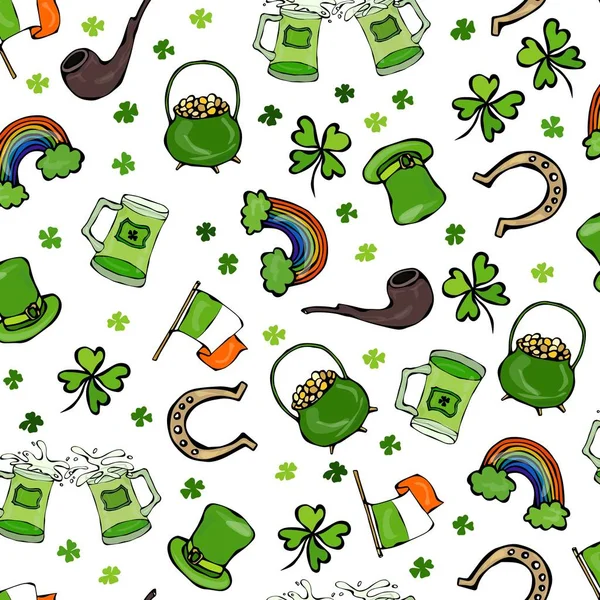 St. Patrick s Day Seamless Background. Pattern of beer, hat, clover, flag, horseshoe, pipe, pot of gold, rainbow. Hand Drawn Vector Illustration. Savoyar Doodle Style. — Stock Vector